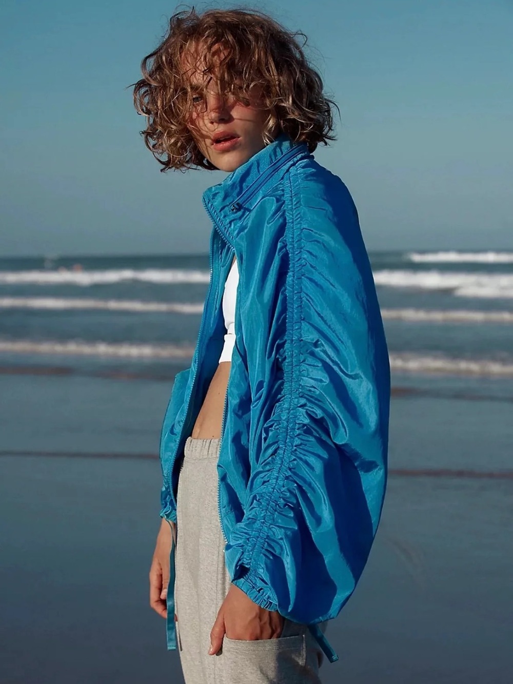 Free People FP Movement M Blue Ruched Packable Windbreaker Running Jacket Hood